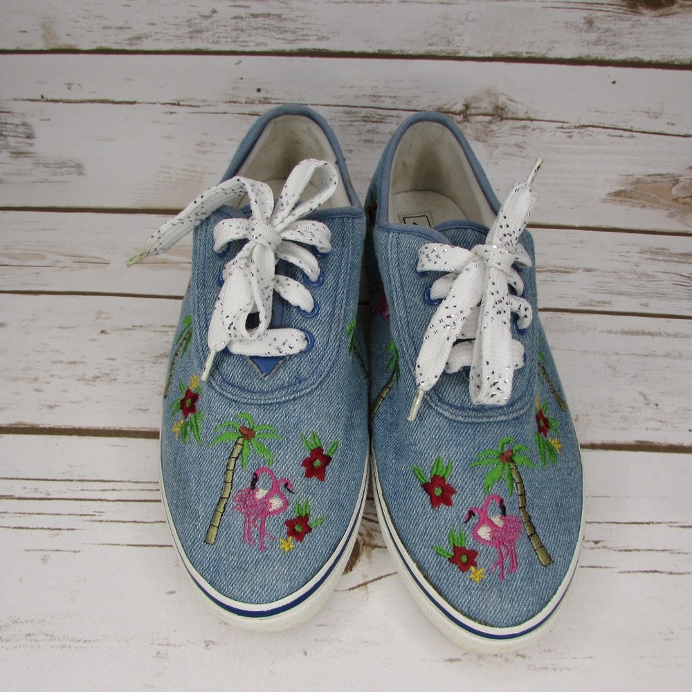 Denim Sneakers Embroidered Flamingos Palm Trees 8 Sebastino Casual Shoes